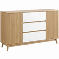 Dressoir met 2 geribbelde deuren en 3 lades, 120 x 40 x 85 cm, eikenkleurig/wit