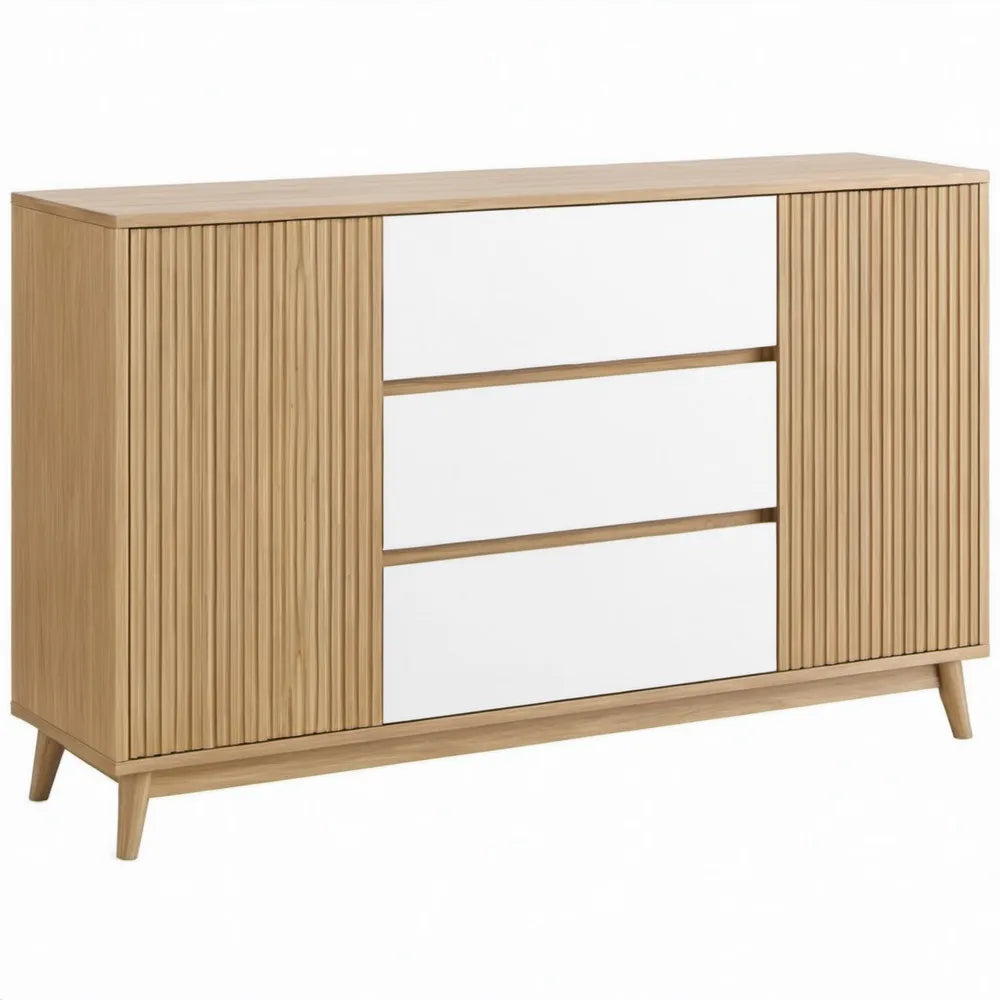 Dressoir met 2 geribbelde deuren en 3 lades, 120 x 40 x 85 cm, eikenkleurig/wit
