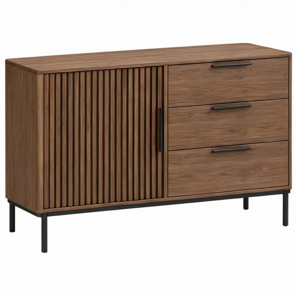 Dressoir met 3 lades en geribbelde deur, walnootbruin/zwart, 120 x 40 x 80 cm