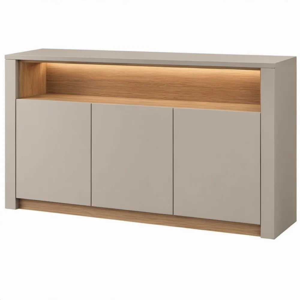 Dressoir met 3 deuren, ledverlichting en open nis – 160 x 40 x 85 cm – Taupe/Naturel eiken