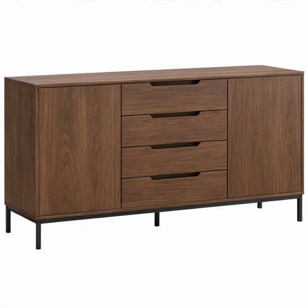 Walnootbruin dressoir met 2 deuren en 4 laden, 180 x 45 x 85 cm