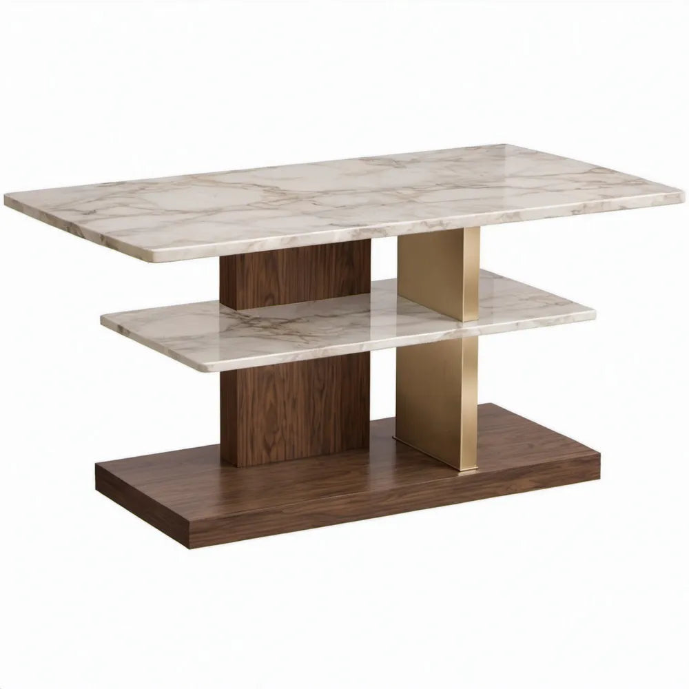 Rechthoekige bijzettafel 100 x 60 x 45 cm met wit marmerlook, walnootfineer en goudkleurige accenten