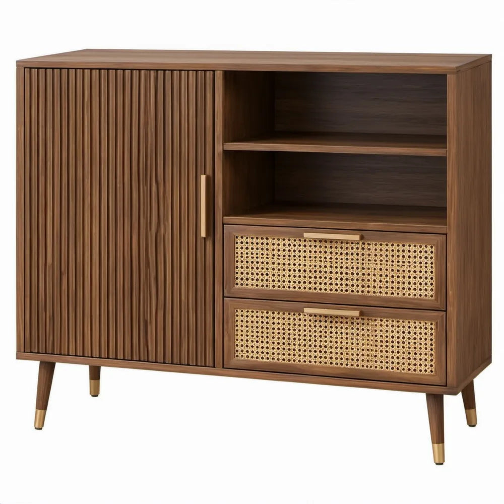 Walnootbruine opbergkast met geribbelde schuifdeur, rotan lades en open vakken – 120 x 40 x 100 cm