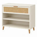 Crèmekleurige schoenenkast met rotan lade en open vakken, 80 x 35 x 90 cm