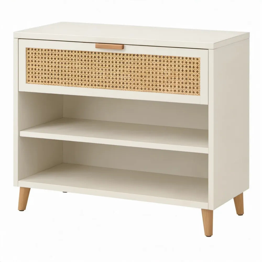 Crèmekleurige schoenenkast met rotan lade en open vakken, 80 x 35 x 90 cm