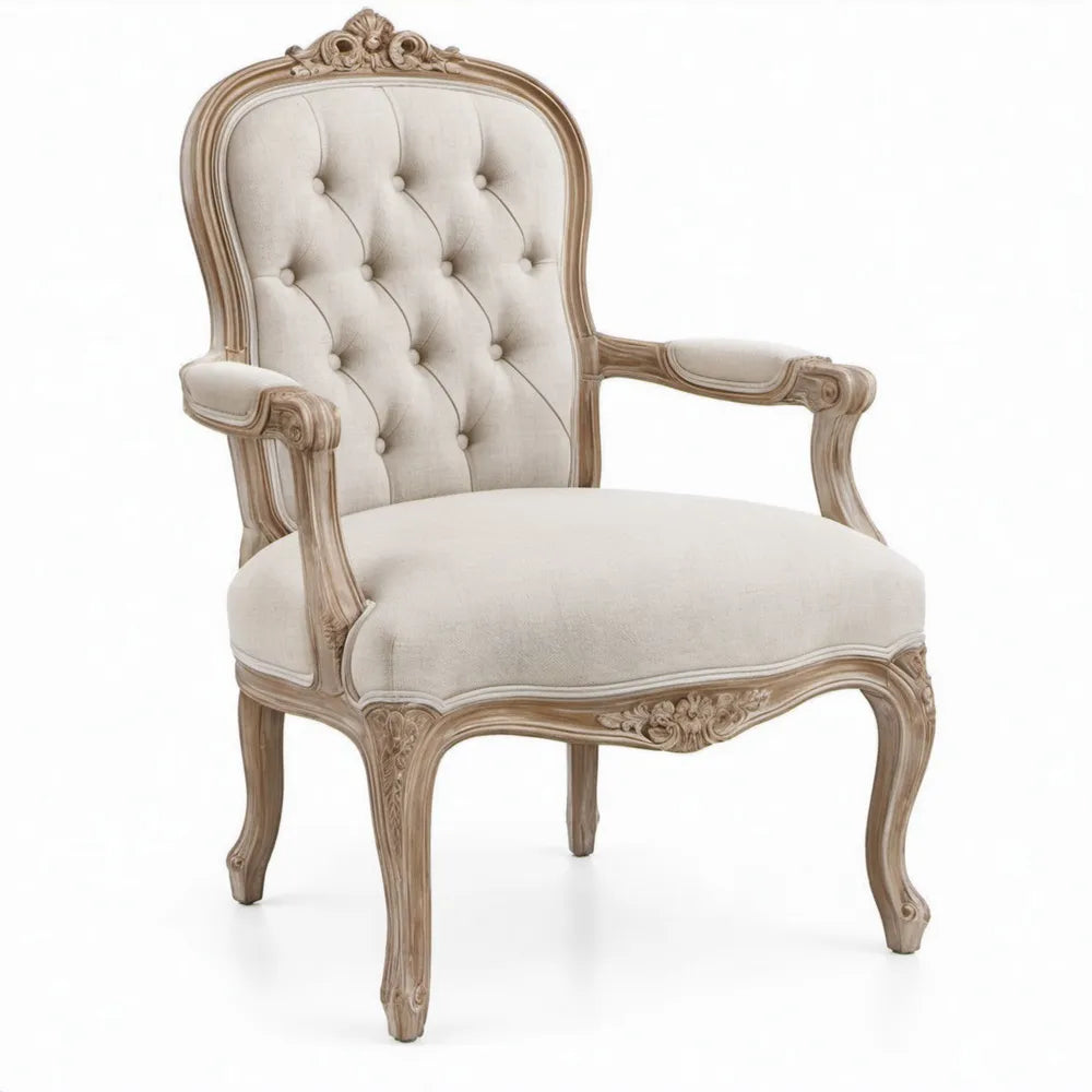 Beige gecapitonneerde fauteuil met armleuningen, 70 x 75 x 120 cm, massief rubberhout en polyester