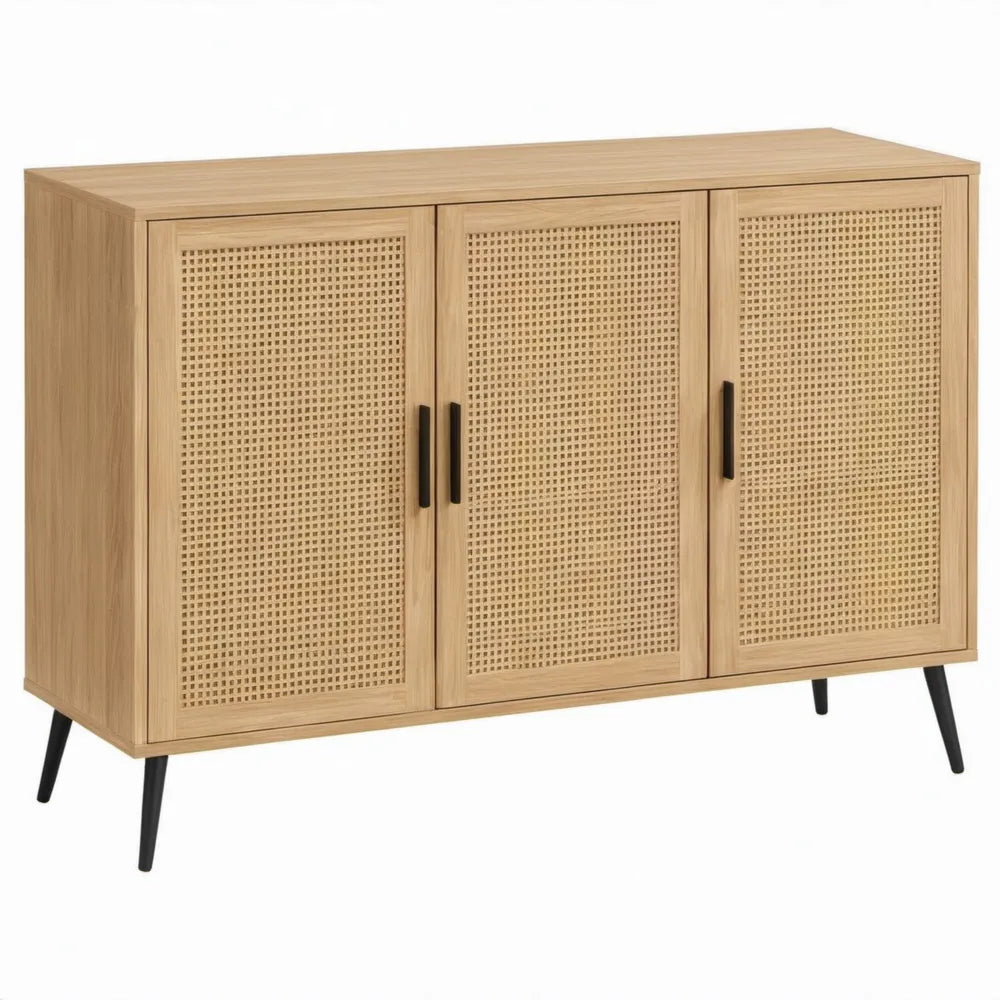 Dressoirkast met 3 rotan deuren, eikenfineer en zwarte poten – 120 x 40 x 80 cm