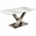 Rechthoekige eettafel 160 x 90 x 75 cm met wit-grijs marmerlook blad en bronsbruin stalen X-onderstel