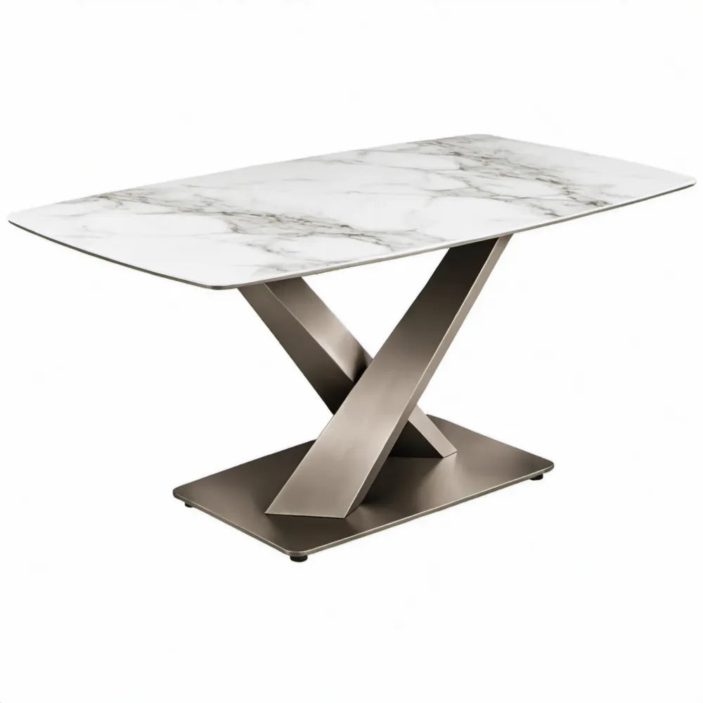 Rechthoekige eettafel 160 x 90 x 75 cm met wit-grijs marmerlook blad en bronsbruin stalen X-onderstel
