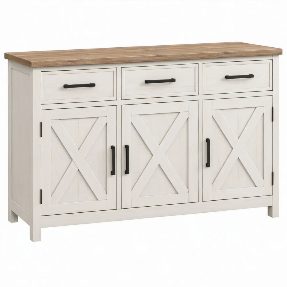 Dressoirkast met 3 deuren en 3 lades, 140 x 40 x 85 cm, wit, naturel eiken en zwart