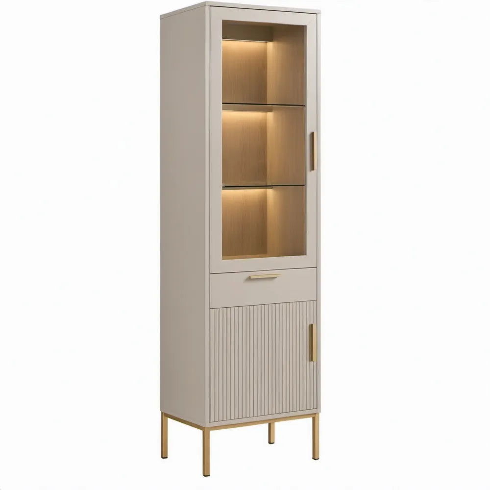 Beige vitrinekast met warmwitte ledverlichting, lade en glazen deuren, 60 x 40 x 190 cm