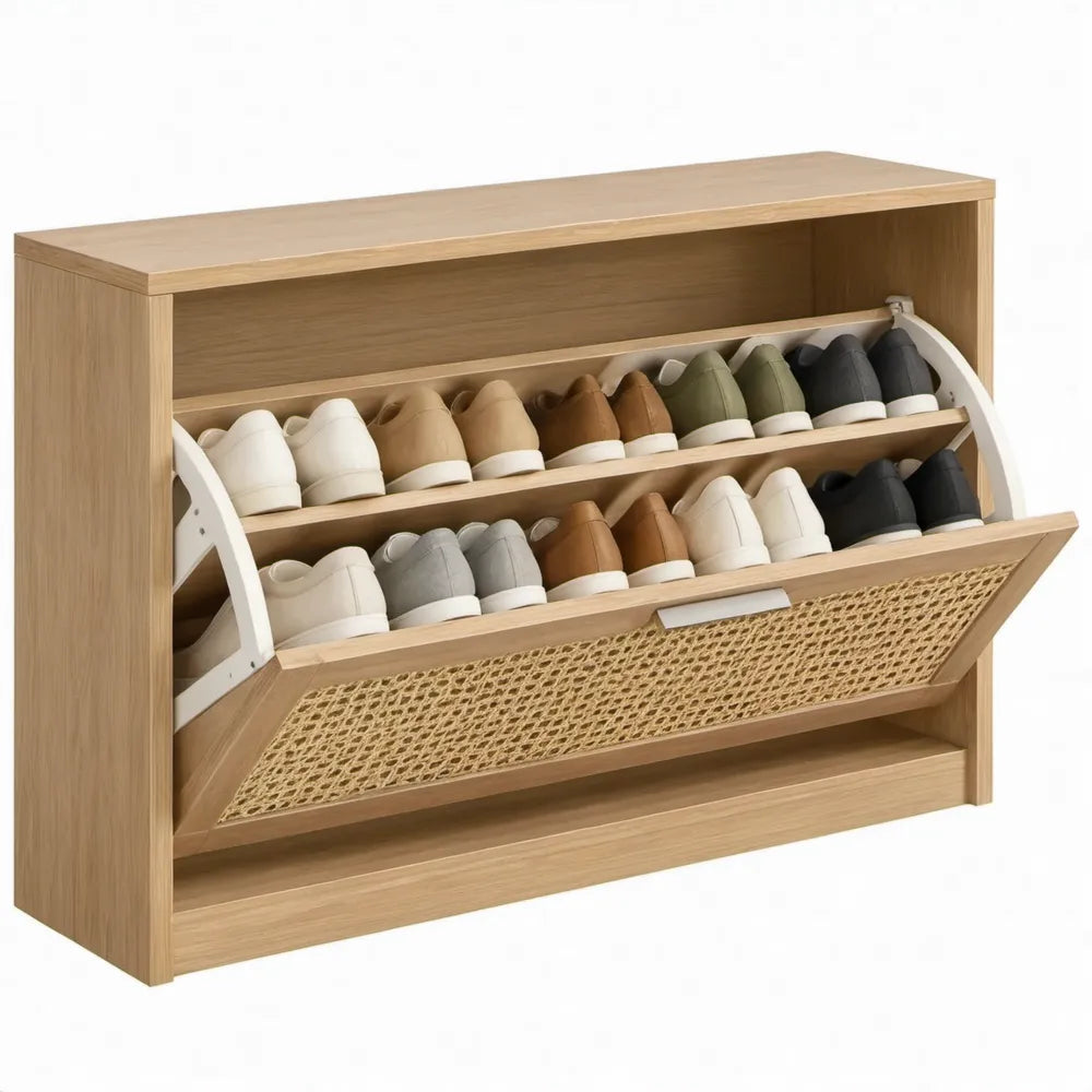Schoenenkast met 2 kanteldeuren en rotanpanelen, 100 x 24 x 90 cm, naturel eikenkleurig