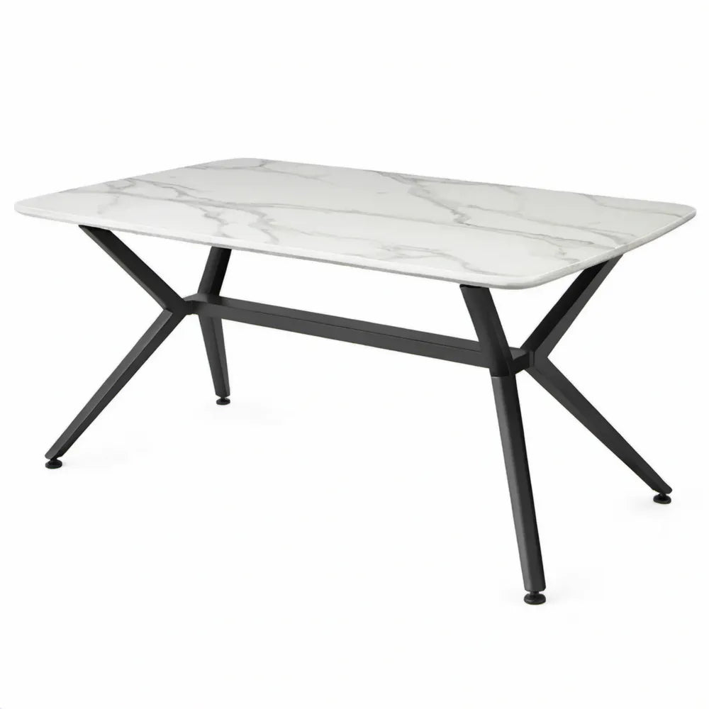 Eettafel 160 x 90 x 75 cm met wit keramisch blad in marmerlook en zwart stalen onderstel