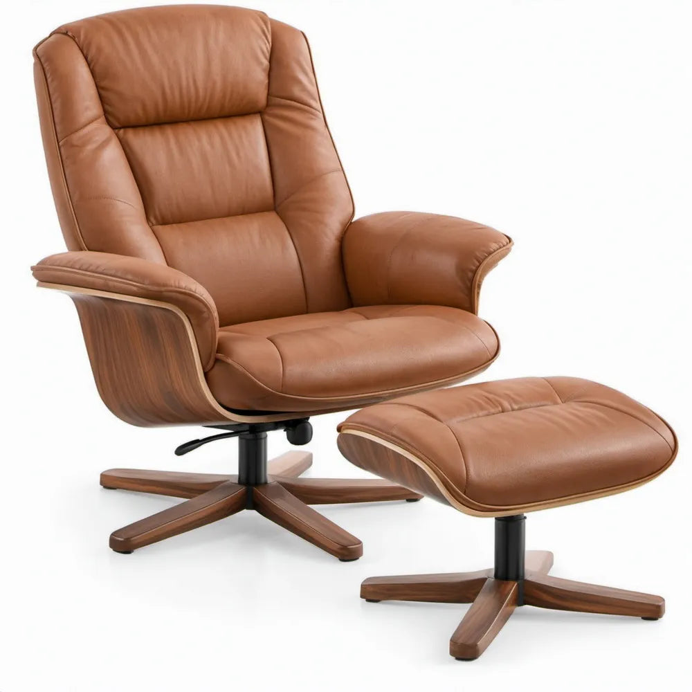 Draaibare relaxfauteuil met voetenbank, cognac PU-leer en walnootfineer, 82 x 87 x 105 cm