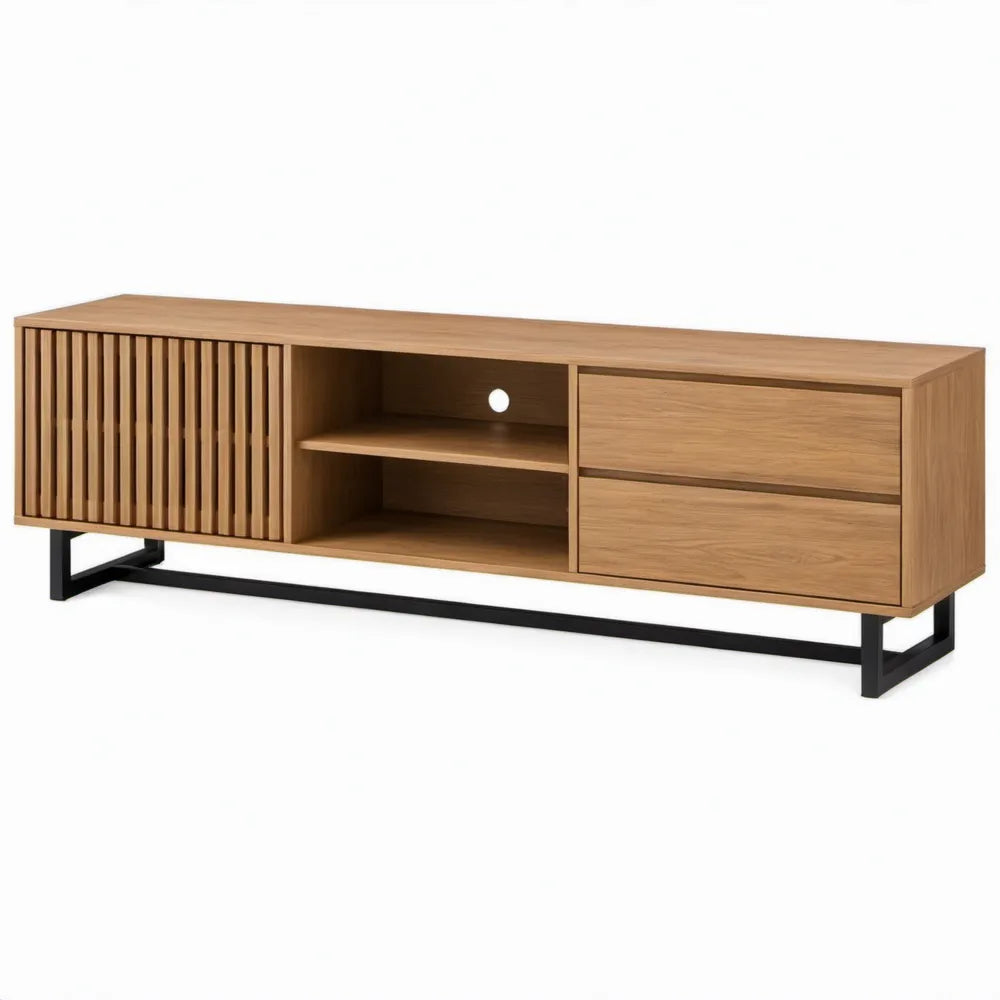 TV-meubel 180 x 40 x 55 cm met 2 lades, schuifdeur en open vakken - Naturel eiken/Zwart